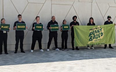 Demonstranter ropar "Sätt kött på agendan, inte på menyn!" vid COP28
