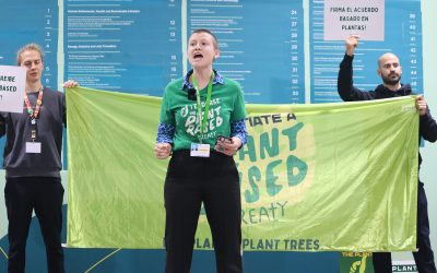 Protest inside COP29 urges countries to negotiate a global Plant Based Treaty that has been endorsed by 33 cities including Amsterdam, Los Angeles and Edinburgh