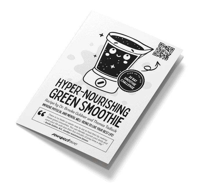 Desafio de 30 dias do Plant Based Treaty com espinafre, couve, linhaça e frutas (banana, manga, abacaxi), com receita de smoothie de água do protocolo Goodbye Lupus da Dra. Brooke Goldner